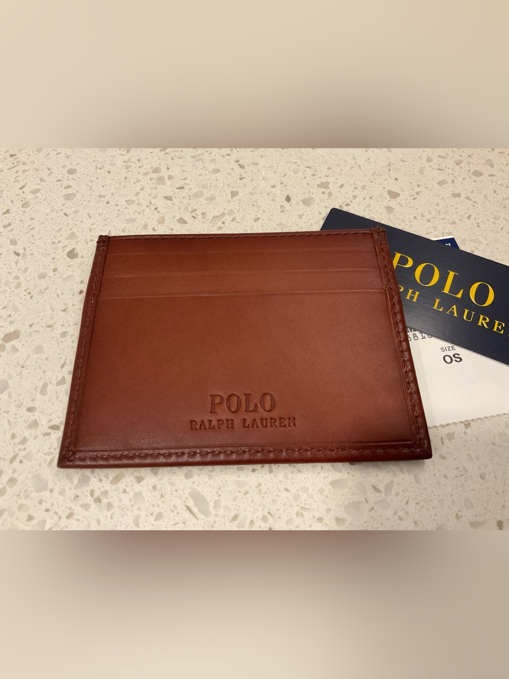 NEW Polo Ralph Lauren FLAG SWEATER BEAR Leather Slim Card Case Wallet - TAN - Picture 4 of 6